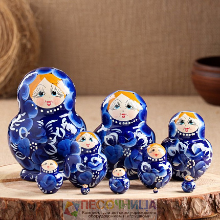 Матрёшка «Гжель», синее платье, 10 кукольная, 13 см,ручная роспись