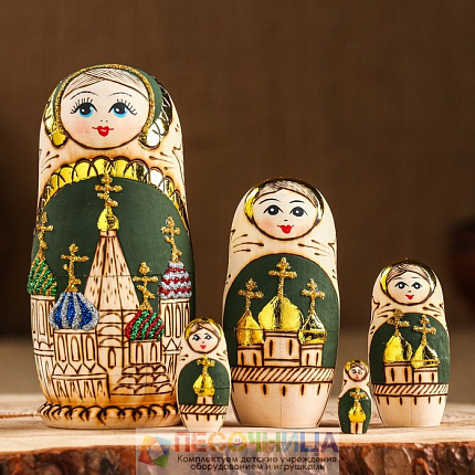 Матрёшка «Храм», зеленый фон, 5 кукольная, жженка