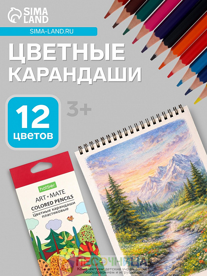 Карандаши цветные 12 цветов Hatber Mate пластиковые, с европодвесом