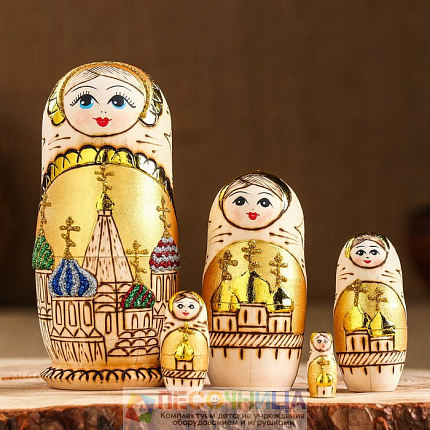 Матрёшка «Храм», желтый фон, 5 кукольная, жженка