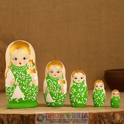 Матрёшка «Ромашки», зелёный платок, жжёнка, 5 кукольная, 15 см