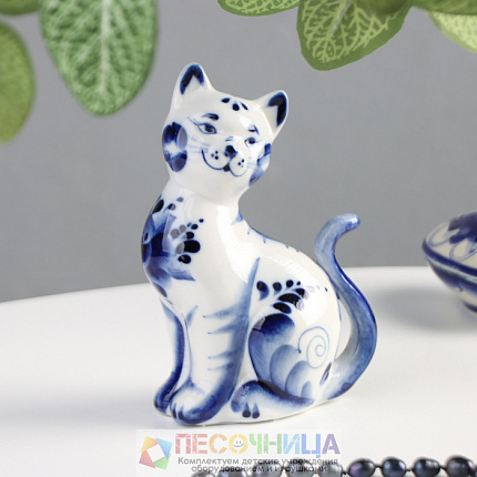 Народные промыслы. "Кошка Улыбка", 10х5х13 см. Роспись ГЖЕЛЬ